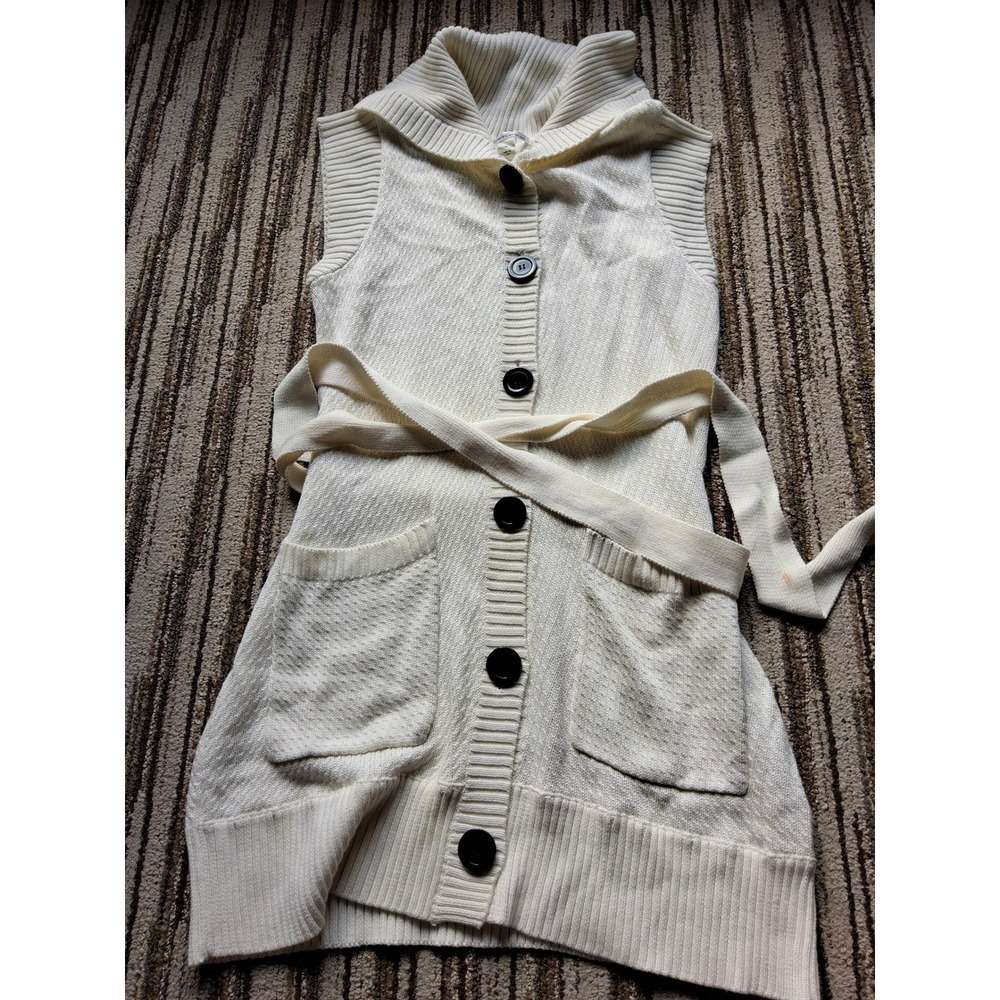 Kenneth Cole New York Womens Cream Belted Knit Sleeveless Cardigan Vest Medium